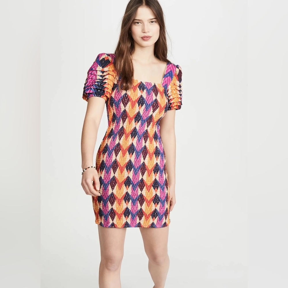 FARM RIO Lindeza Grafica Mini Dress Puff Sleeve Smocked Colorful